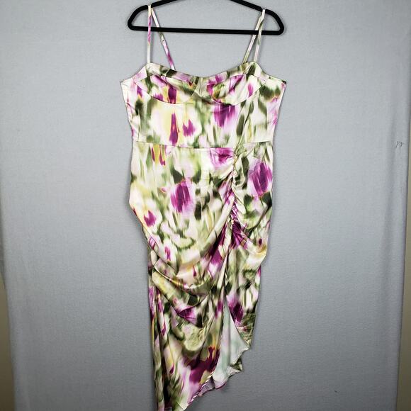 Cider Size XL Cowl Neck Ruched Hem Satin Slip Dress Watercolor Floral Purple NWT - Picture 1 of 10